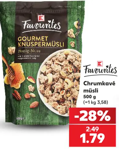 K-Classic Favorites chrumkavé müsli Gourmet Knuspermüsli s medom a orechmi