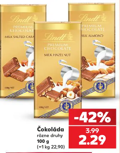 Lindt prémiová mliečna čokoláda, slaný karamel, lieskový orech a mandľa
