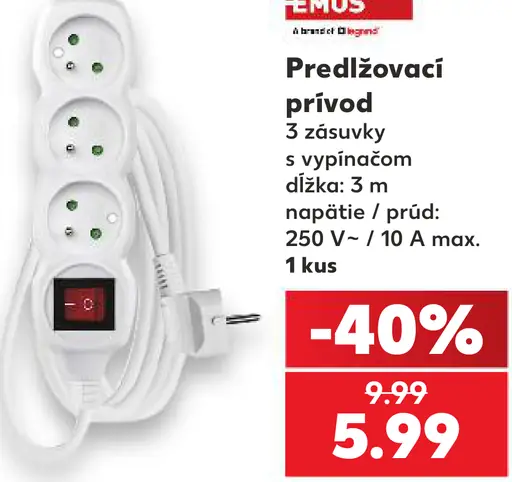Emos predlžovací prívod s vypínačom, 3 zásuvky