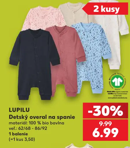 Lupilu detské overaly na spanie, materiál 100 % bio bavlna, veľkosti 62/68 – 86/92