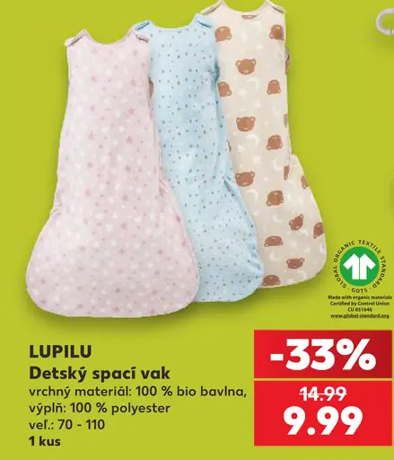 Lupilu detský spací vak, vrchný materiál 100 % bio bavlna, výplň 100 % polyester