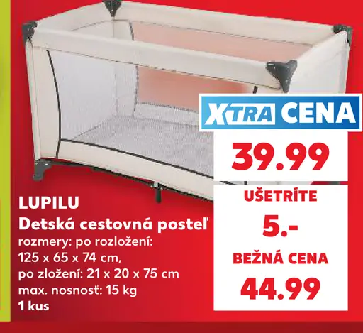 Lupilu detská cestovná postieľka, rozmery po rozložení 125 × 65 × 74 cm, maximálna nosnosť 15 kg