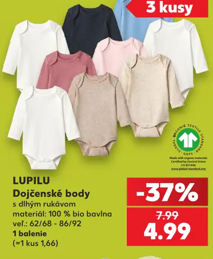 Lupilu dojčenské body s dlhým rukávom, materiál 100 % bio bavlna, veľkosti 62/68 – 86/92