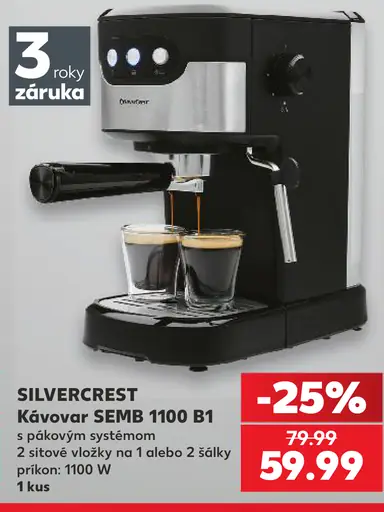 Silvercrest kávovar SEMB 1100 B1 s pákovým systémom, 2 sitové vložky na 1 alebo 2 šálky, príkon 1100 W