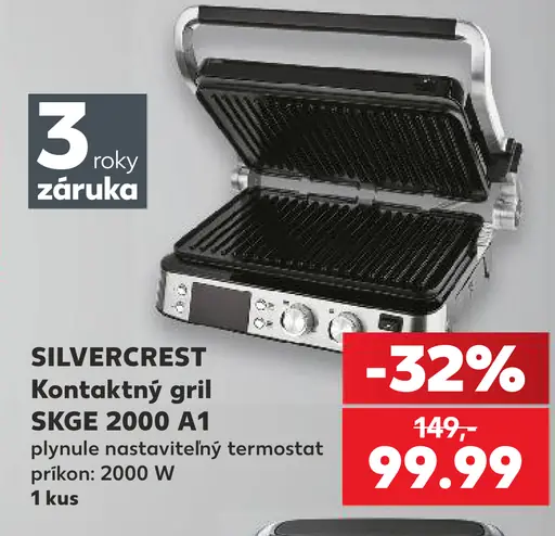 Silvercrest kontaktný gril SKGE 2000 A1, plynule nastaviteľný termostat, príkon 2000 W