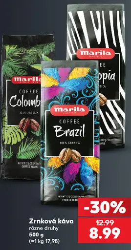 Marila zrnková káva, rôzne druhy