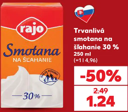 Rajo smotana na šľahanie 30 % trvanlivá