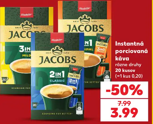 Jacobs instantná porciovaná káva 3 v 1 Mild, 2 v 1 Classic, 3 v 1 Original