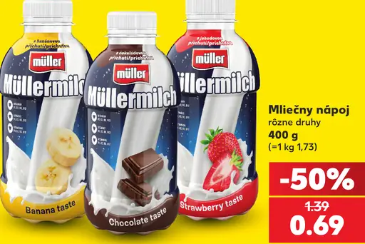 Müllermilch mliečny nápoj – banánová, čokoládová a jahodová príchuť