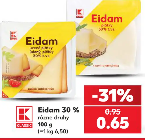 Eidam 30 %, rôzne druhy