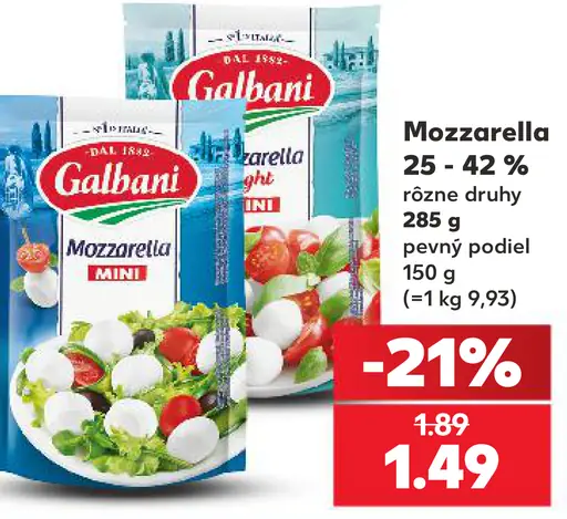 Mozzarella 25–42 %, rôzne druhy