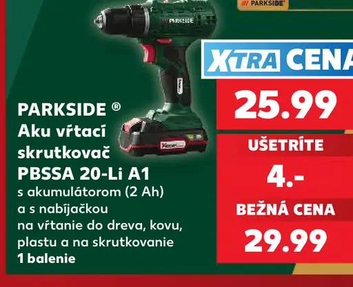 Akumulátorový vŕtací skrutkovač PBSSA 20-Li A1 s nabíjačkou a akumulátorom