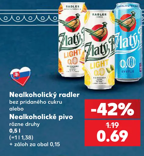 Zlatý Bažant nealkoholické pivo, nealkoholický radler bez cukru rôzne druhy plechovka