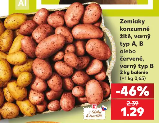 Zemiaky konzumné, skoré žlté, varný typ A alebo B, červené, varný typ B