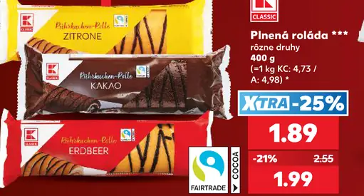 K-Classic piškótová roláda, citrónová, kakaová a jahodová