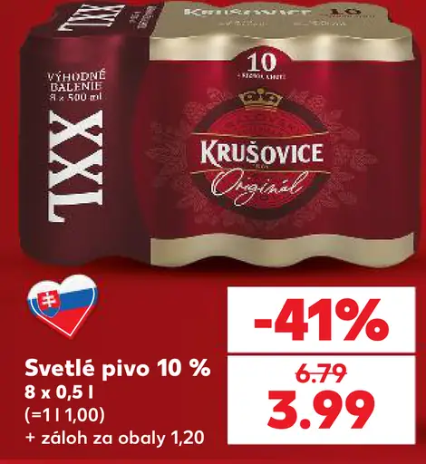 Krušovice svetlé pivo, 10 % plechovka