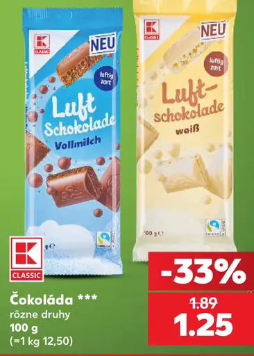 Čokoláda K-Classic Luft Schokolade, rôzne druhy – mliečna, biela