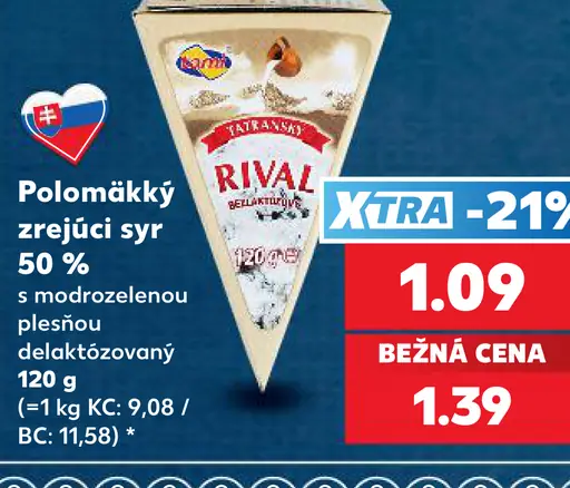 Tatranský Rival polomäkký zrejúci syr 50 % s modrou plesňou, delaktózovaný