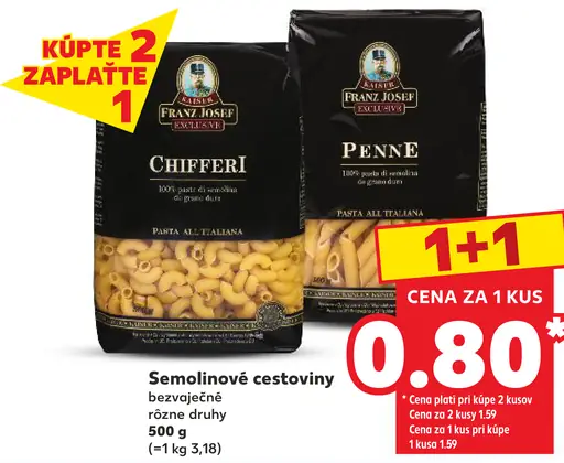 Franz Josef Chifferi a Penne semolinové cestoviny, bezvaječné, rôzne druhy