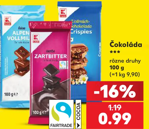K-Classic čokoláda Alpen Vollmilch, Crispy, Zartbitter a Marianna – kokos, kakao, lieskové orechy