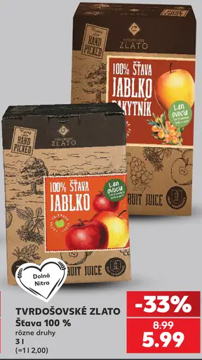 Tvrdošovské zlato 100 % šťava, jablko a rakytník, rôzne druhy