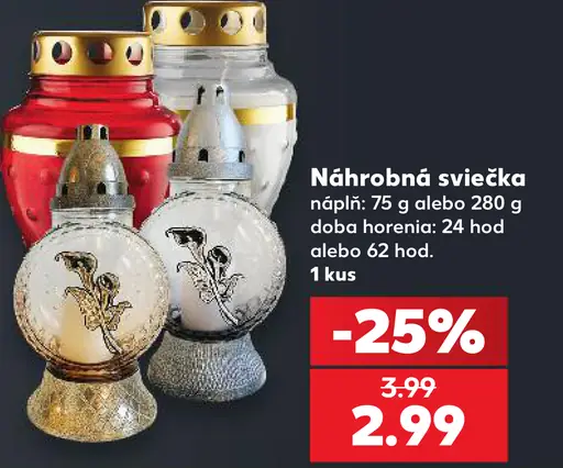 Náhrobná sviečka s náplňou 75 g, doba horenia 24 hodín