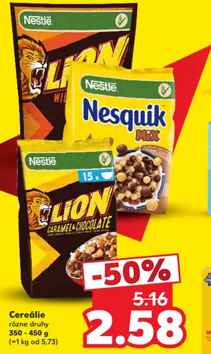 Nestlé cereálie Lion a Nesquik Mix, rôzne druhy