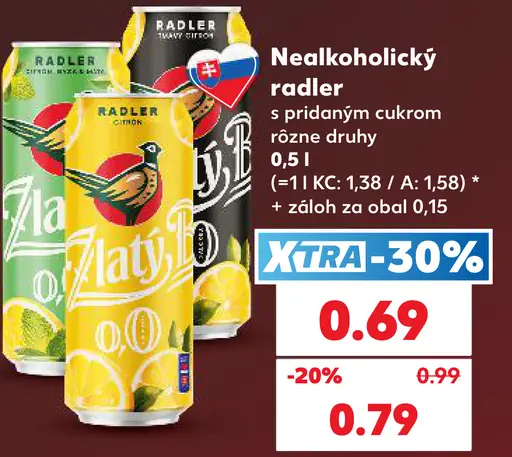 Zlatý Bažant Radler nealkoholický s pridaným cukrom, rôzne druhy