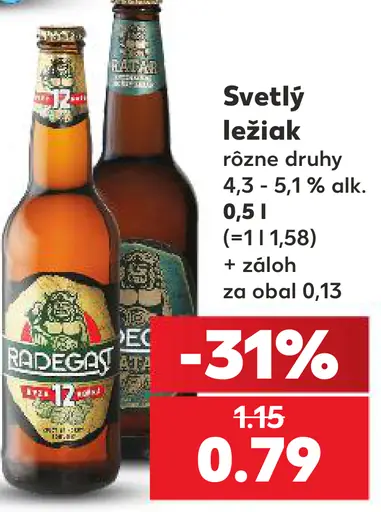 Radegast svetlé ležiaky, rôzne druhy, 4,3–5,1 % alkoholu