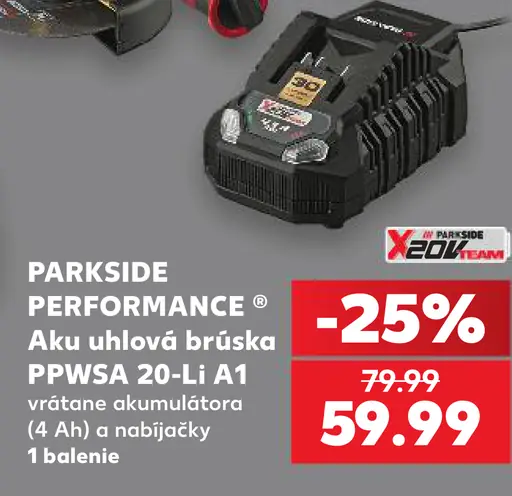 PARKSIDE PERFORMANCE Aku uhlová brúska PPWSA 20-Li A1 s akumulátorom a nabíjačkou