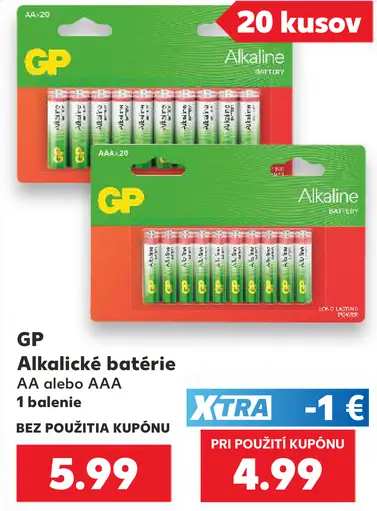 GP alkalické batérie AA, balenie 20 kusov