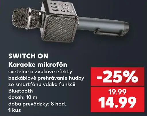 Switch On karaoke mikrofón so svetelnými a zvukovými efektmi, bezdrôtové prehrávanie hudby zo smartfónu cez Bluetooth, dosah 10…