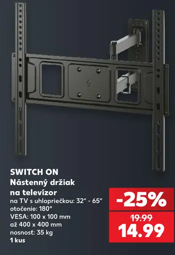 Switch On nástenný držiak na televízor pre TV s uhlopriečkou 32–65 palcov, otočenie 180°, VESA 100 × 100 až 400 × 400 mm, nosno…