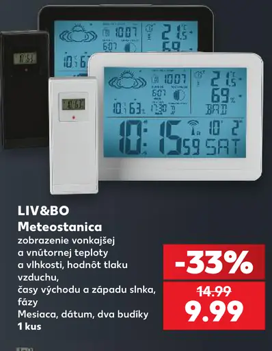 LIV&BO meteostanica na zobrazenie vonkajšej a vnútornej teploty, vlhkosti, hodnôt tlaku vzduchu, času východu a západu slnka, f…