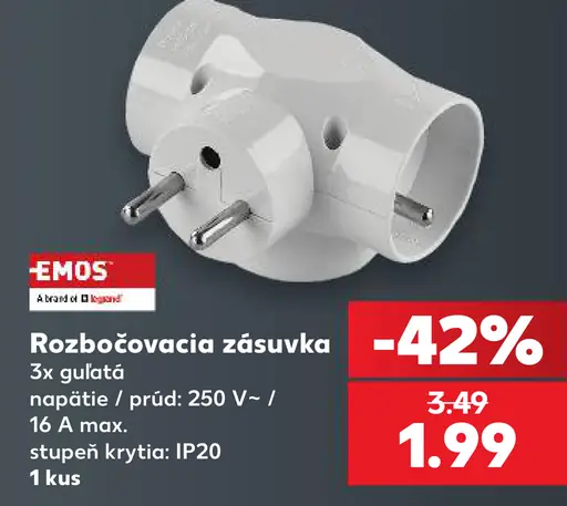 Emos rozbočovacia zásuvka, 3× guľatá, napätie a prúd 250 V~ / 16 A, stupeň krytia IP20