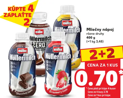 Müllermilch mliečny nápoj, čokoládový, jahodový a banánový