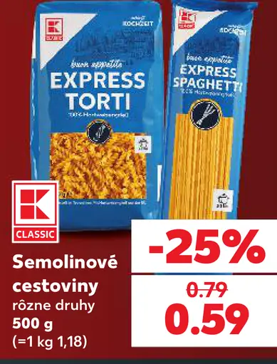 K-Classic semolinové cestoviny, rôzne druhy