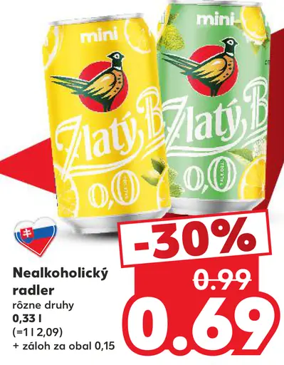 Zlatý Bažant nealkoholický radler, vybrané druhy, plechovka