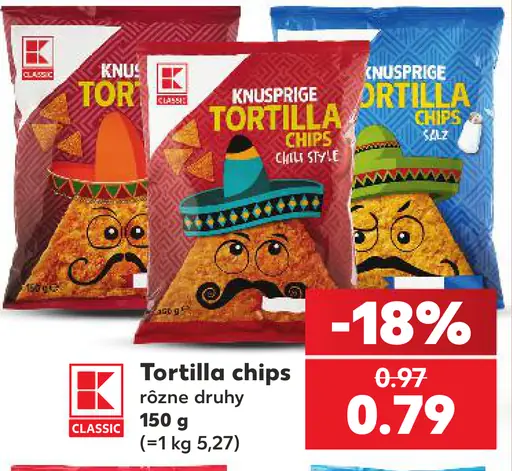 K-Classic tortilla chips, rôzne druhy