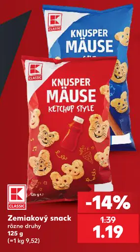K-Classic Knusper Mäuse zemiakový snack, rôzne druhy