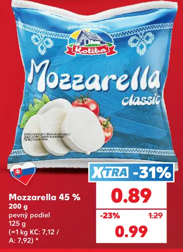 Koliba Mozzarella 45 %, pevný podiel