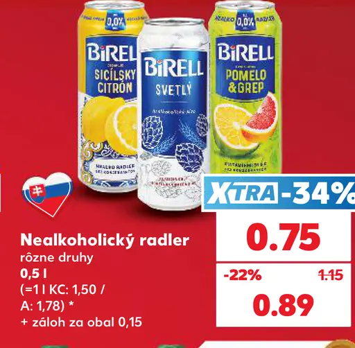 Birell nealkoholický radler, rôzne druhy