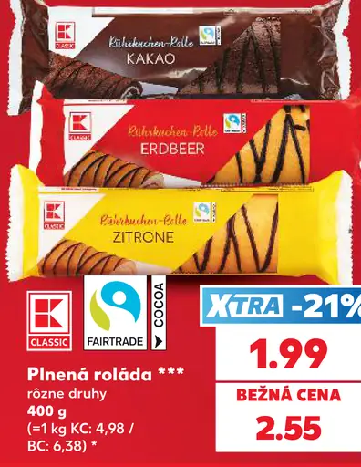 Kaufland Classic plnená roláda, rôzne druhy: kakao, Erdbeer, Zitrone