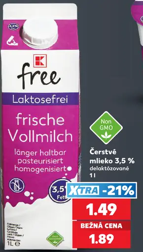 Free čerstvé mlieko 3,5 % bezlaktózové