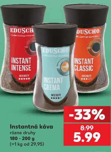 Eduscho instantná káva, rôzne druhy: Instant Intense, Instant Classic, Instant Crema