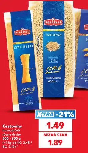 Podravka bezvaječné cestoviny rôzne druhy: špagety, tarhoňa, penne