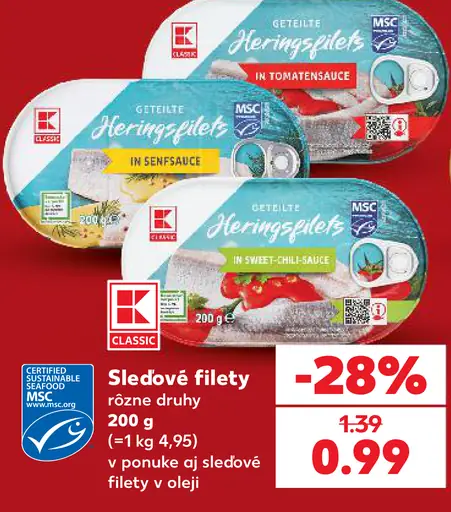 K-Classic sleďové filety, rôzne druhy, v náleve alebo oleji