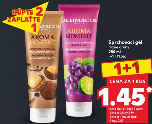 Dermacol Aroma Moment sprchovací gél – Delicious Shower Gel Macadamia Truffle; Stress Relief Shower Gel Grape & Lime