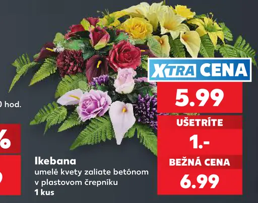 Ikebana z umelých kvetov v plastovom črepníku, rôzne farby