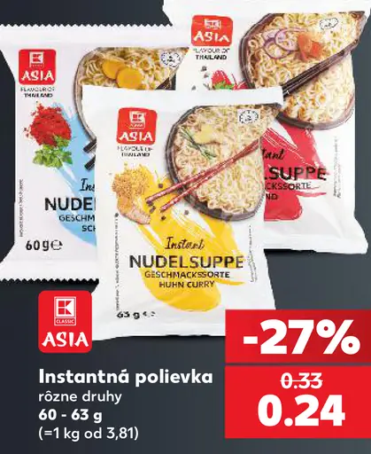 K-Asia instantná polievka, rôzne druhy
